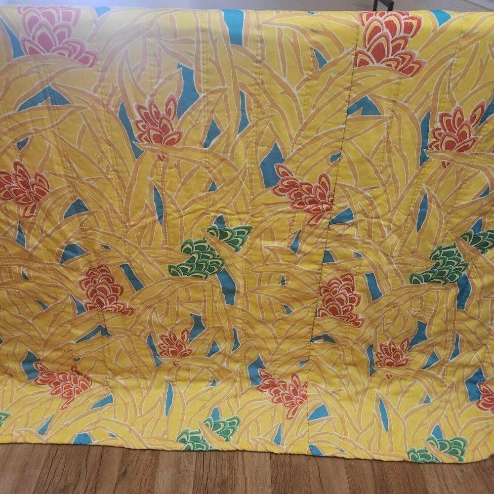 Vintage 80s Bedspread Queen Size Yellow Quilted Polyester Hawaiian Floral